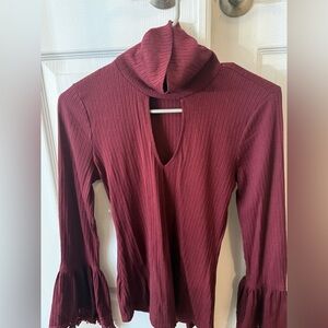 Venus Elegant Burgundy Ribbed Lace Bell Sleeve Women's Top